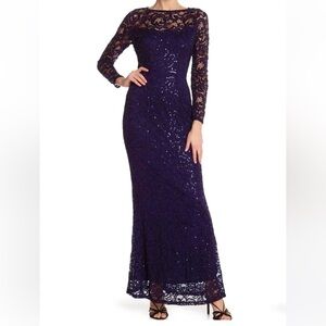 MARINA Sequin Long Sleeve Lace Gown Size S Navy Blue